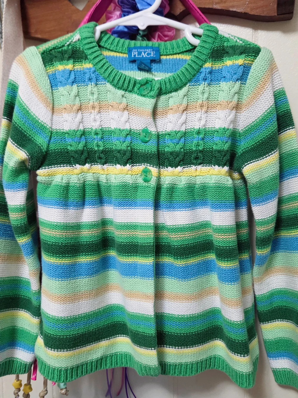 The Children's Place Girls' Green Striped Knit Cardigan Sweater